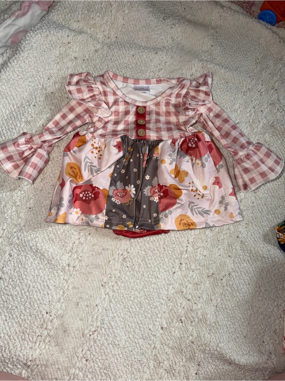 Baby Girl Pink Gingham & Floral Ruffle Bubble